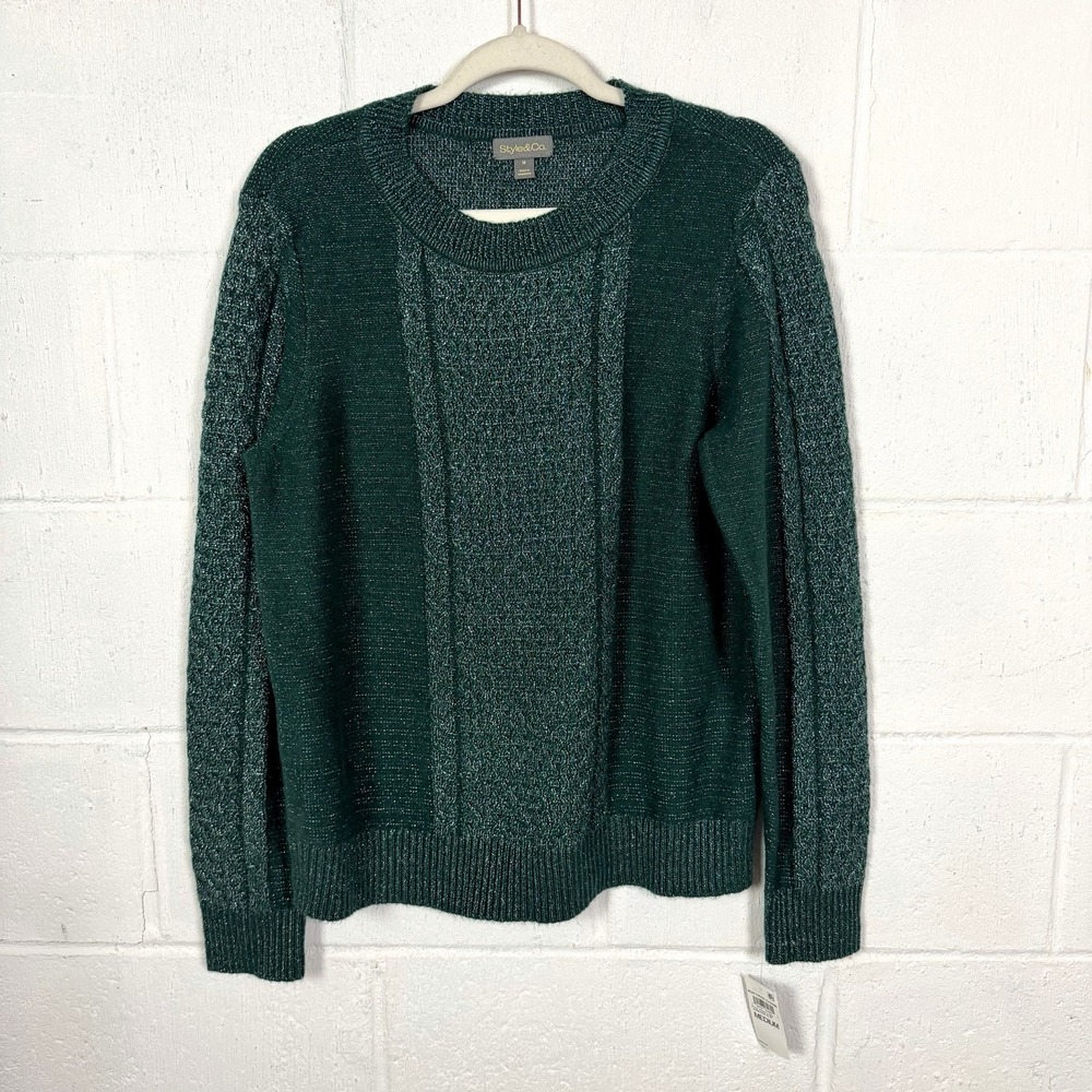 Style & Co NWT Wool Blend Sweater SZ M Green Silver Metallic Holiday Christmas